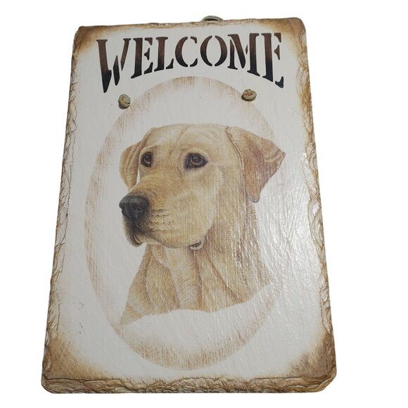 Yellow Labrador Retriever Slate Plaque Welcome Sign Rustic Wall Decor Hanger - Picture 1 of 9
